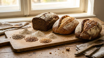 Small piles of rye, spelt and einkorn grain and flour on a wooden board beside dark rye and golden sourdough loaves