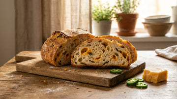 A sliced jalapeño cheddar sourdough loaf showing an open crumb with pockets of melted cheddar and green jalapeño