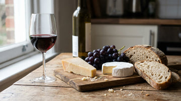 A glass of red wine beside a cheese board with a hard cheese wedge, soft-rind cheese, black grapes and sliced sourdough
