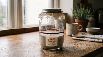 A jar of sourdough starter sitting flat and inactive, the elastic band well above the level