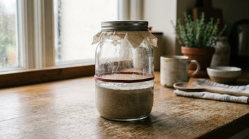 A jar of sourdough starter sitting flat and inactive, the elastic band well above the level