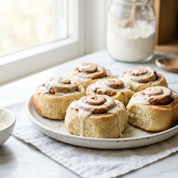 Sourdough cinnamon rolls, an enriched dough, iced on a plate