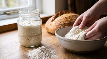 A jar of active white spelt sourdough starter with spelt flour and soft spelt dough