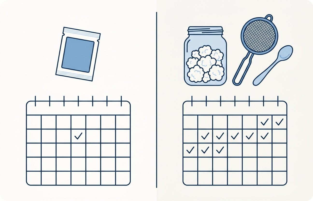 One sachet and one day, compared with traditional kefir grains needing daily straining