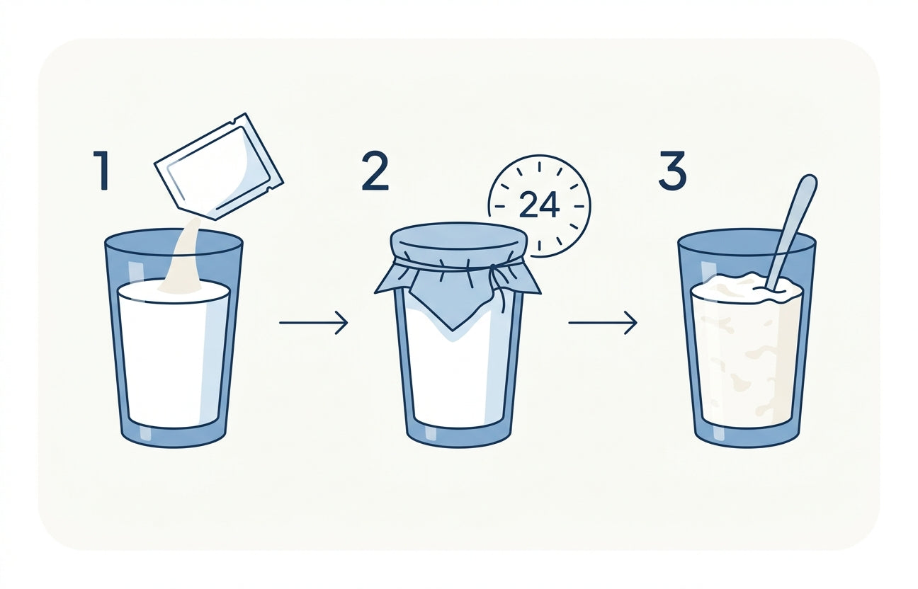 Three steps to make milk kefir: stir the live culture into milk, cover for 24 hours, enjoy