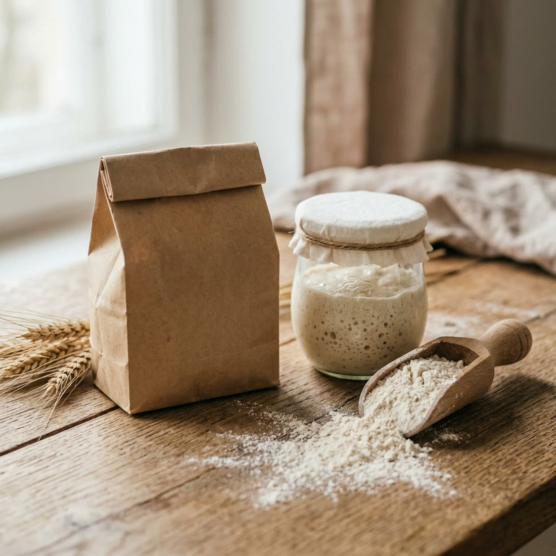 A kraft bag of Shipton Mill stoneground flour beside a jar of bubbly sourdough starter