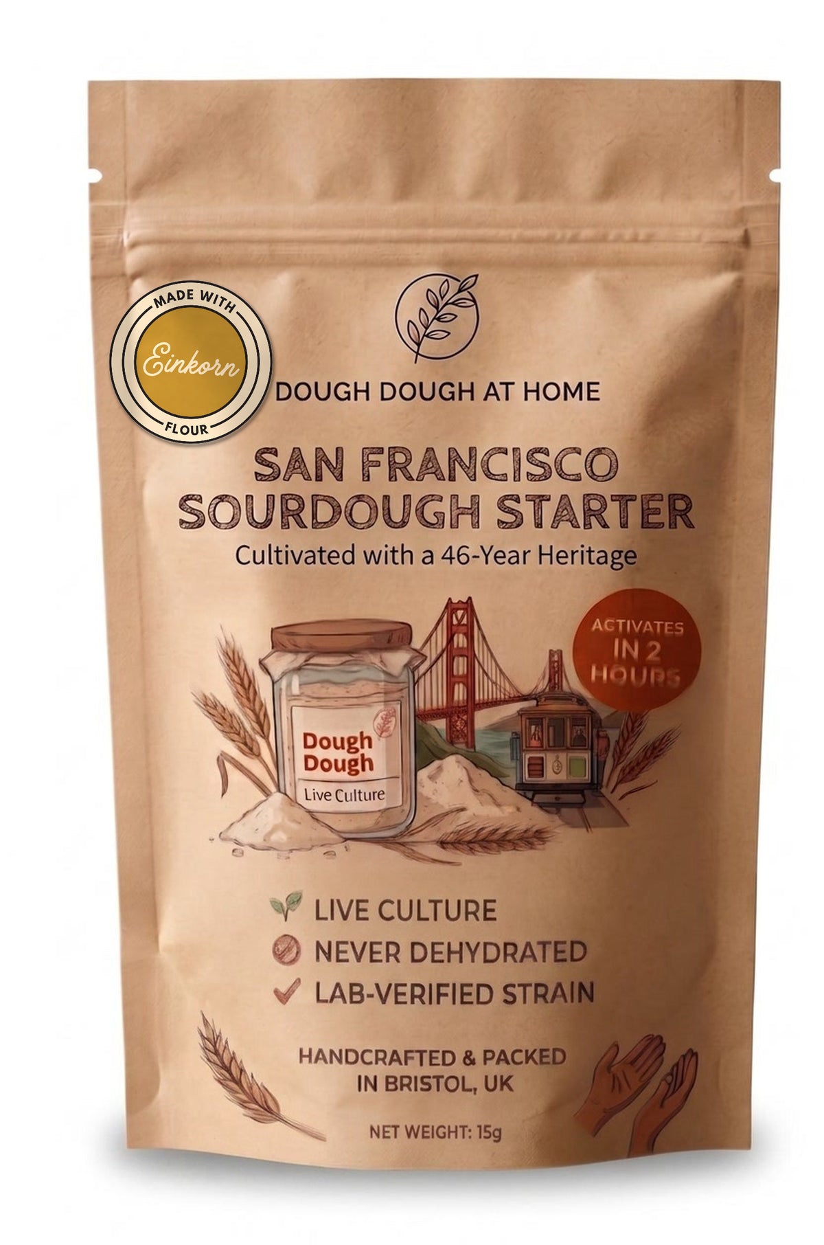 Dough Dough at Home einkorn sourdough starter — 15 g kraft pack, live culture, never dehydrated