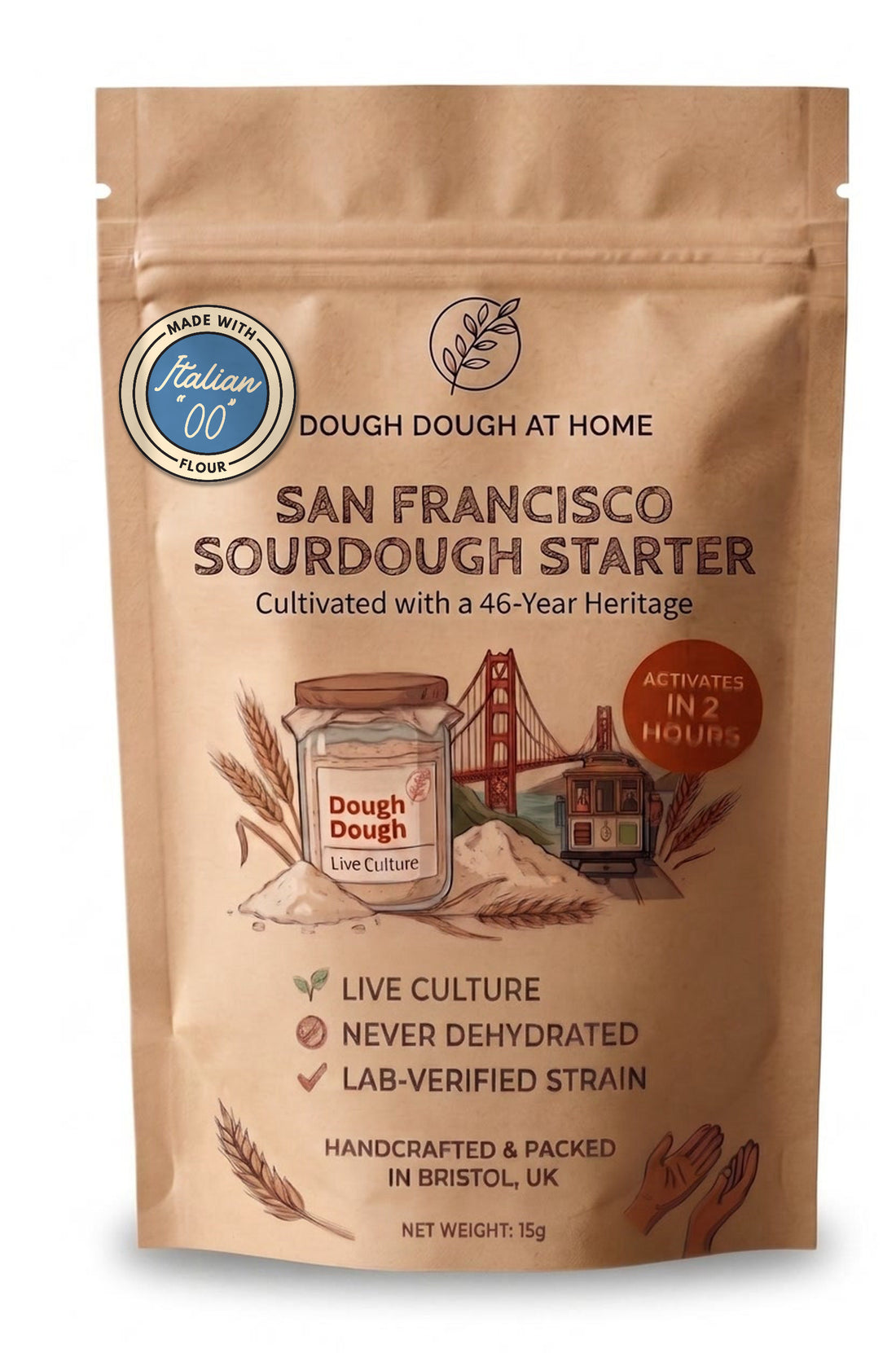 Dough Dough at Home Rustic Italian '00' sourdough starter — 15 g kraft pack, live culture, never dehydrated