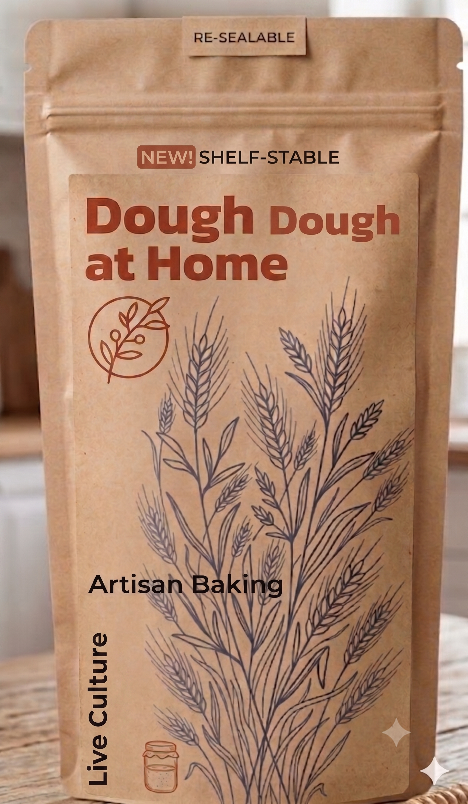 Dough Dough at Home sourdough starter — artisan brown craft pack with printed instructions, made in the UK