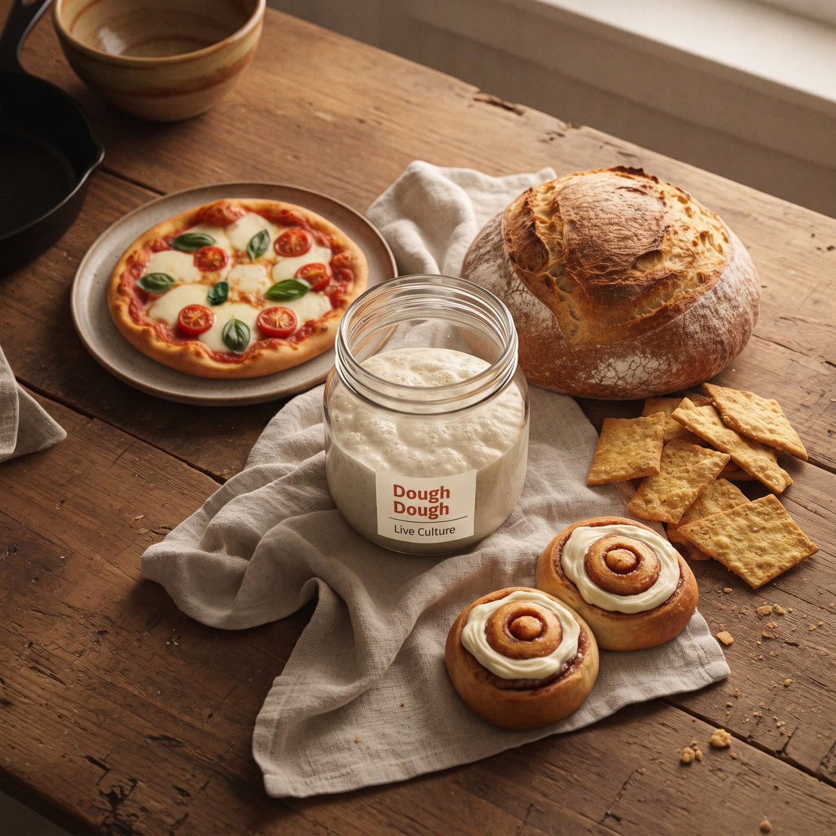 Step-by-step activation of the Dough Dough sourdough starter — mix, wait 2 hours, feed once, bake