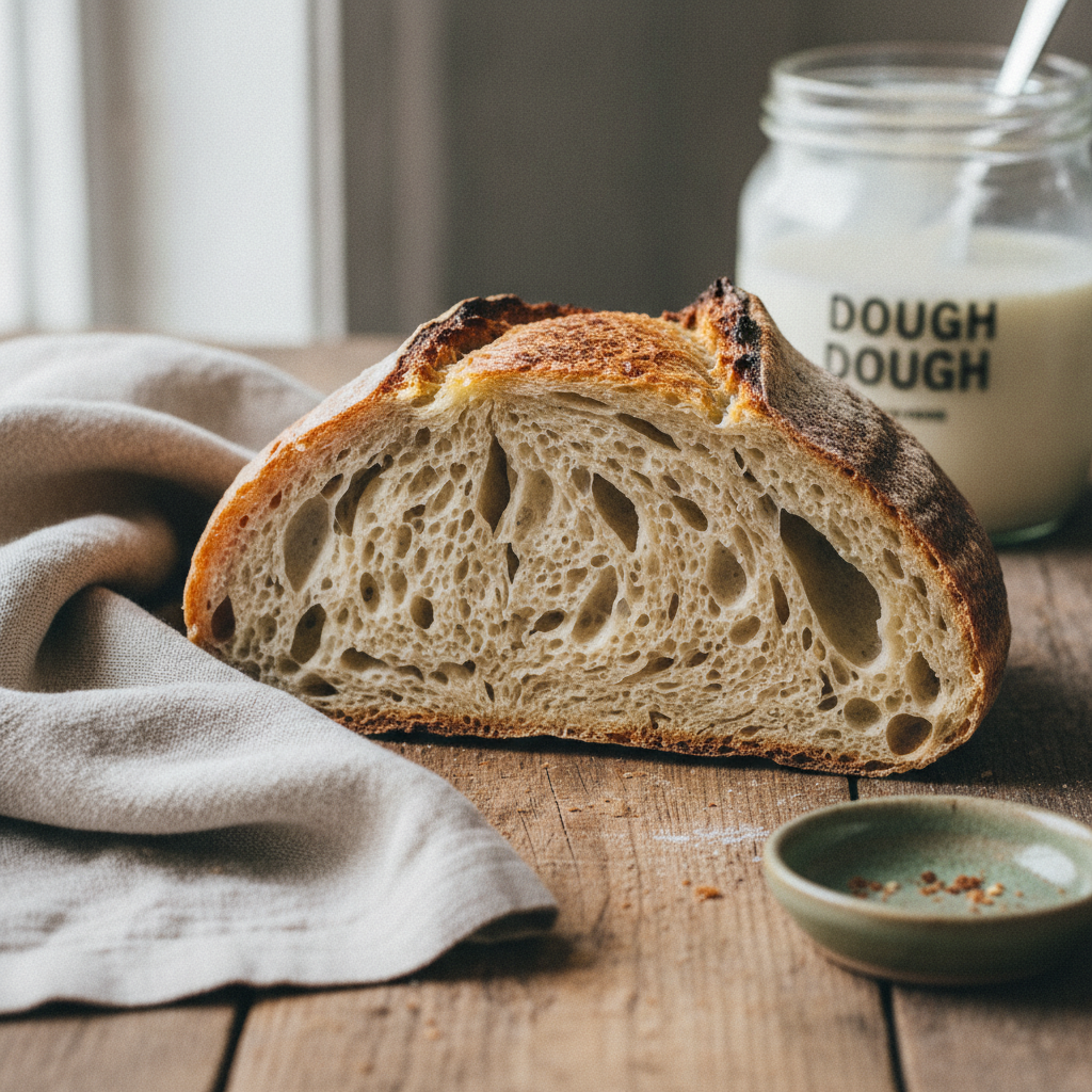 San Francisco style sourdough bread crumb — the tangy, open texture from Lactobacillus sanfranciscensis