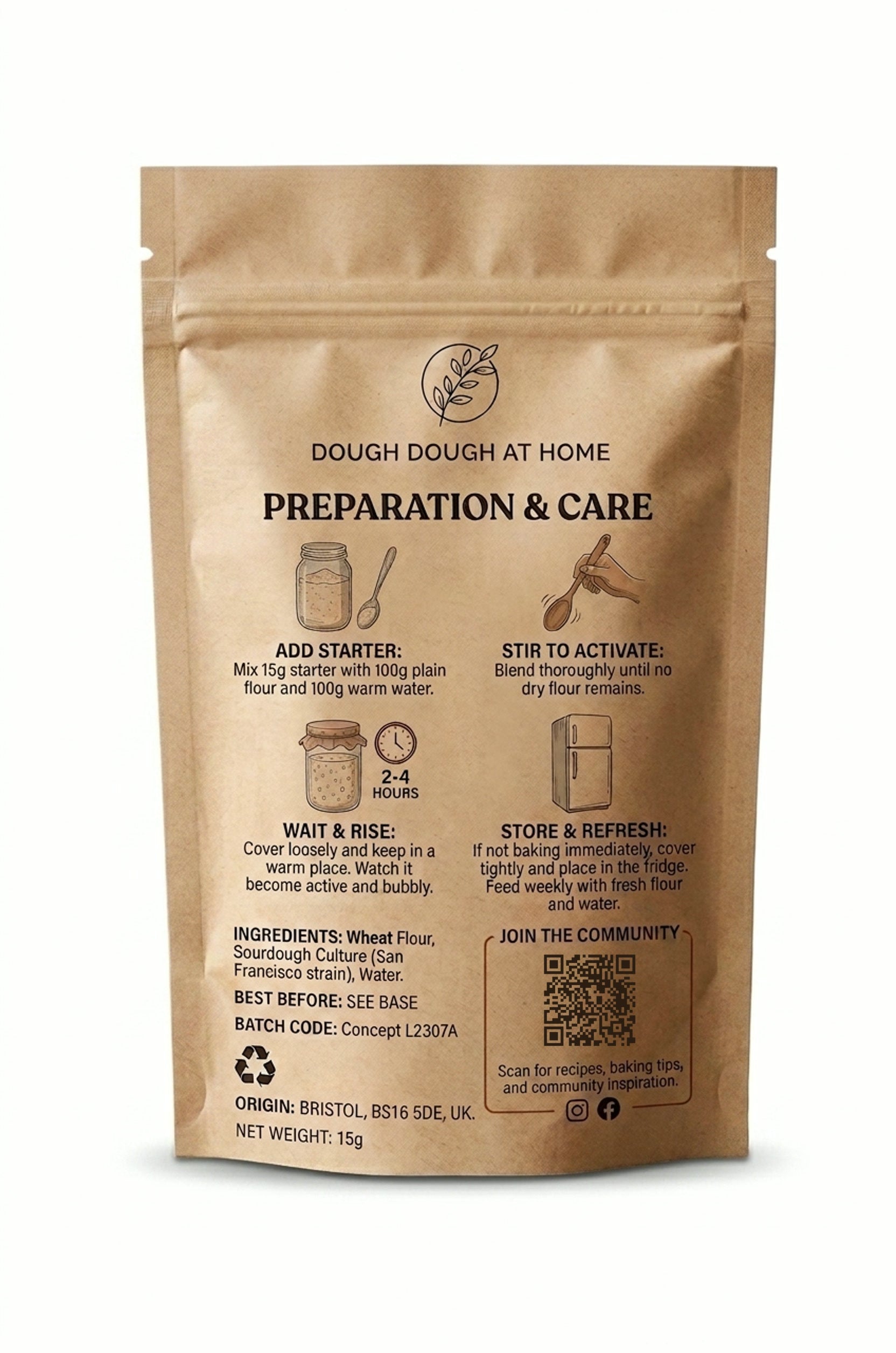 Dough Dough at Home San Francisco sourdough starter — back of pack: preparation and care, ingredients, 15 g, made in Bristol BS16 5DE