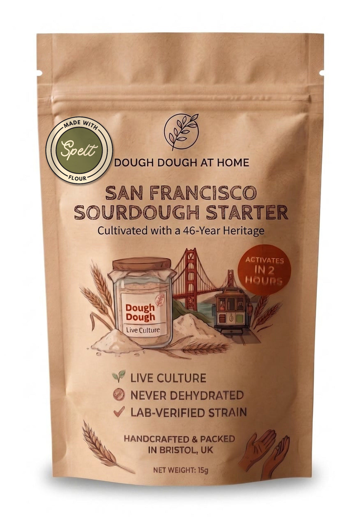 Dough Dough at Home white spelt sourdough starter — 15 g kraft pack, live culture, never dehydrated