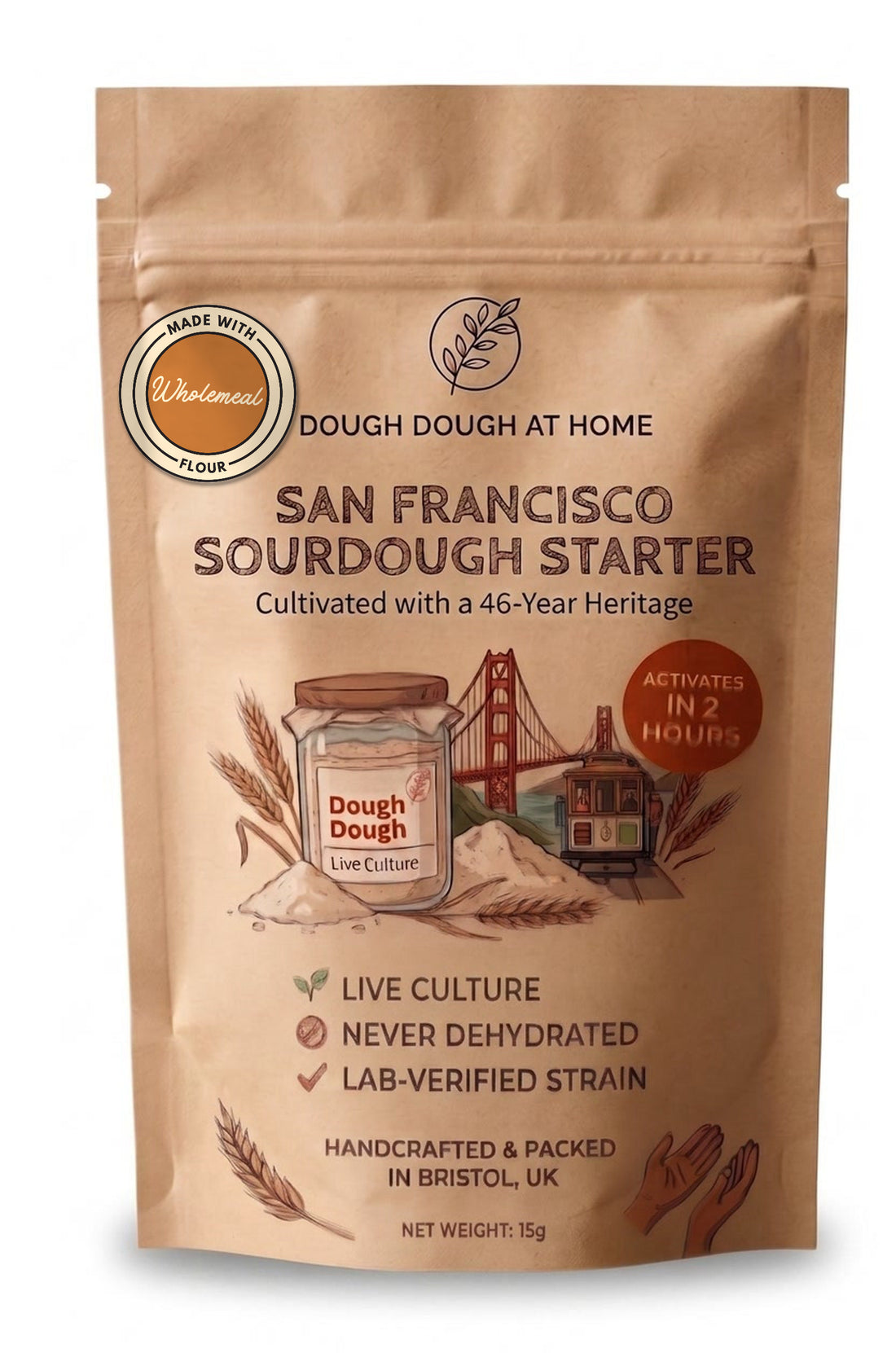 Dough Dough at Home wholemeal sourdough starter — 15 g kraft pack, live culture, never dehydrated