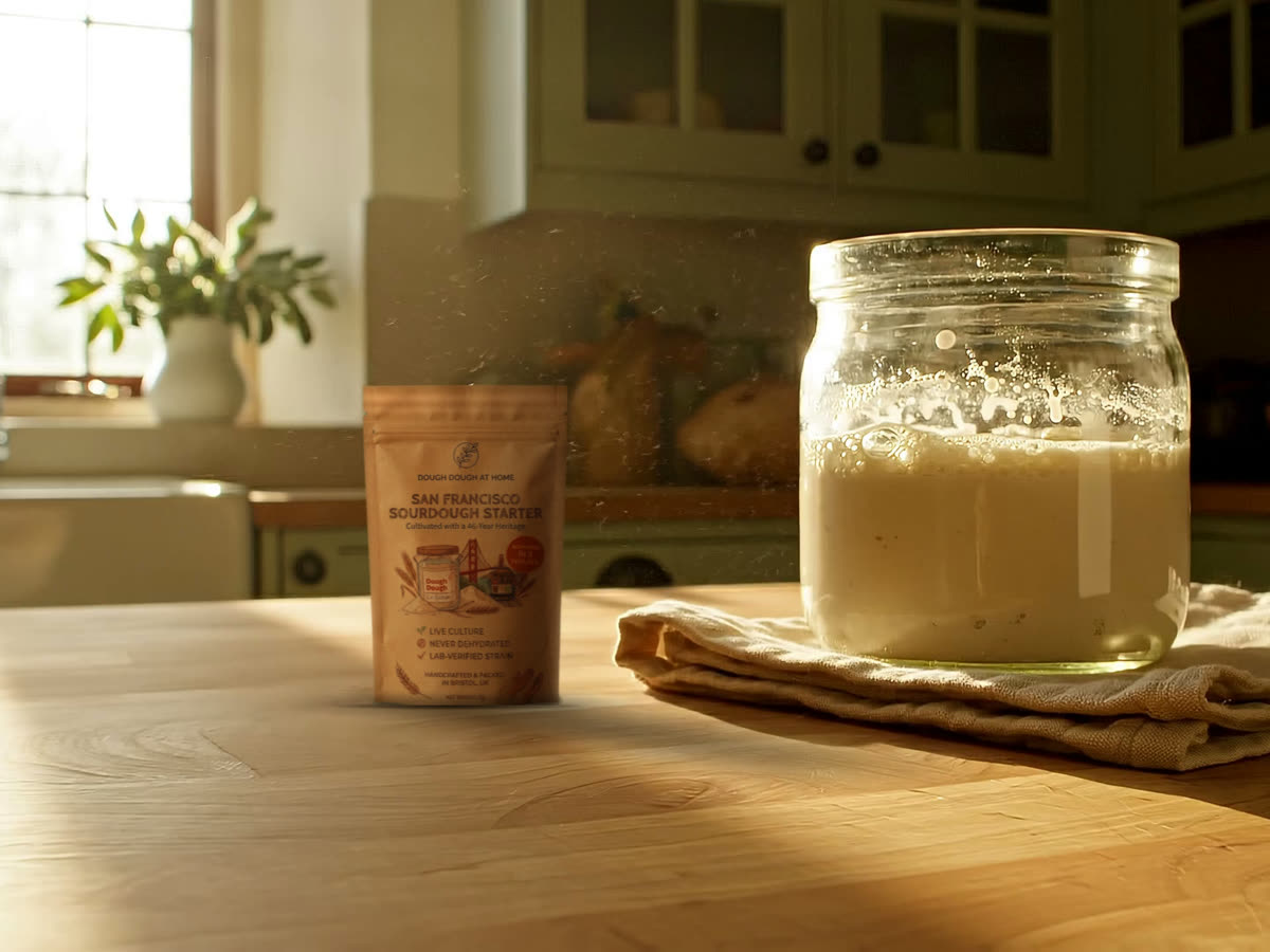 A Dough Dough San Francisco sourdough starter pack beside a jar of bubbly active starter on an oak kitchen worktop