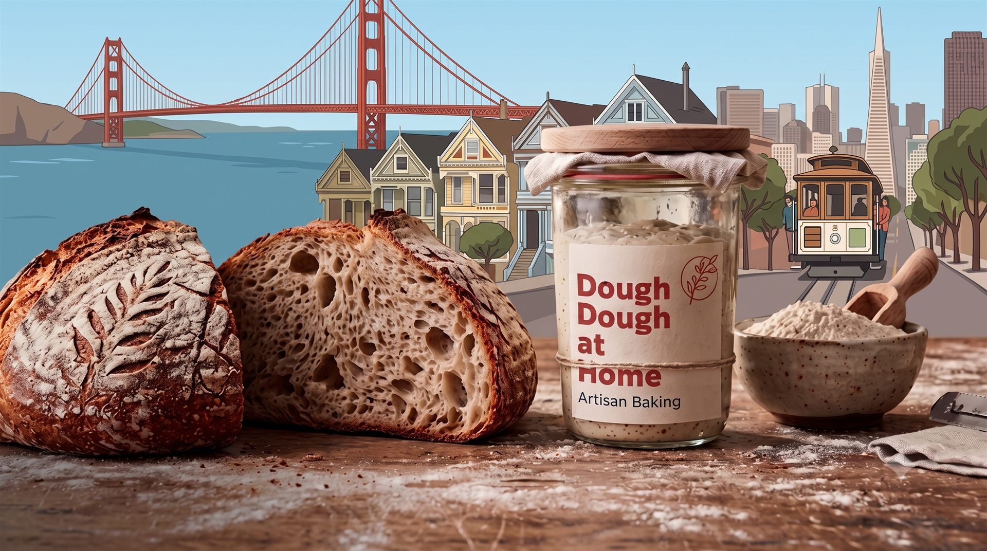 Fresh sourdough bread loaf with open crumb structure, baked using Dough Dough starter culture