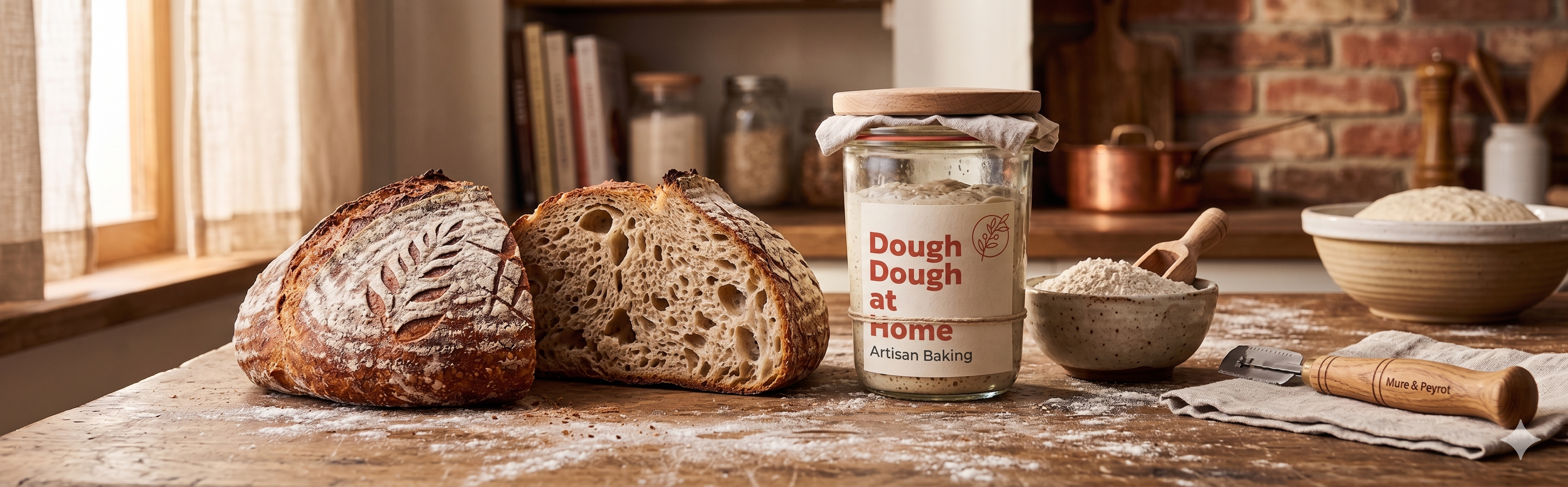 Fresh sourdough bread loaf with open crumb structure, baked using Dough Dough starter culture
